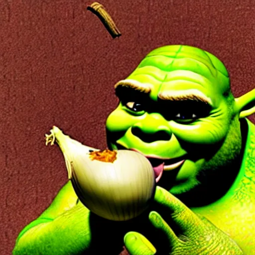 Image similar to a stock photo of shrek eating an onion, 8 k, ultra - realistic