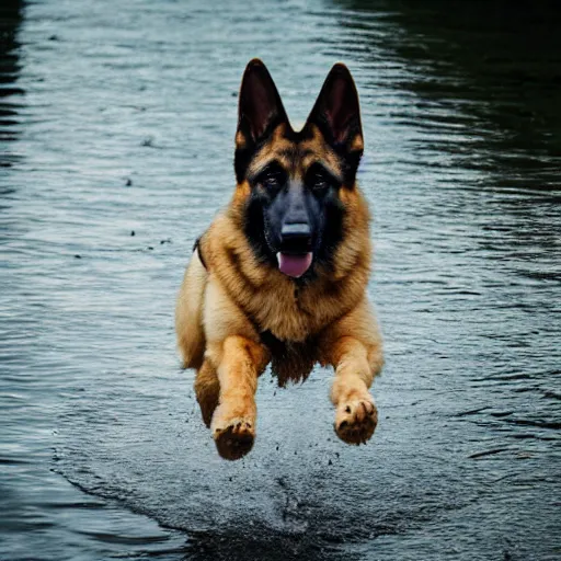 Prompt: German Shepherd walks on Water, 8k photography