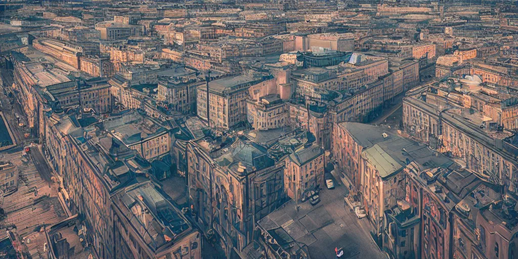 Image similar to cinematic street shot of a flying city, phalanster, saint petersburg city, telephoto, anamorphic cinematography, beautiful composition, color theory, leading lines, photorealistic, moody volumetric lighting
