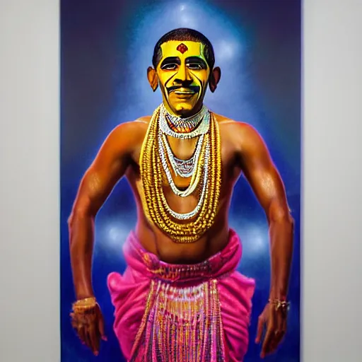 Prompt: Fantasy portrait of Barak Obama as a Kathakali dancer, hyper-realistic Portrait in style of Hajime sorayama, hyperdetailed , supersharp, hypermaximalist, smooth gradients