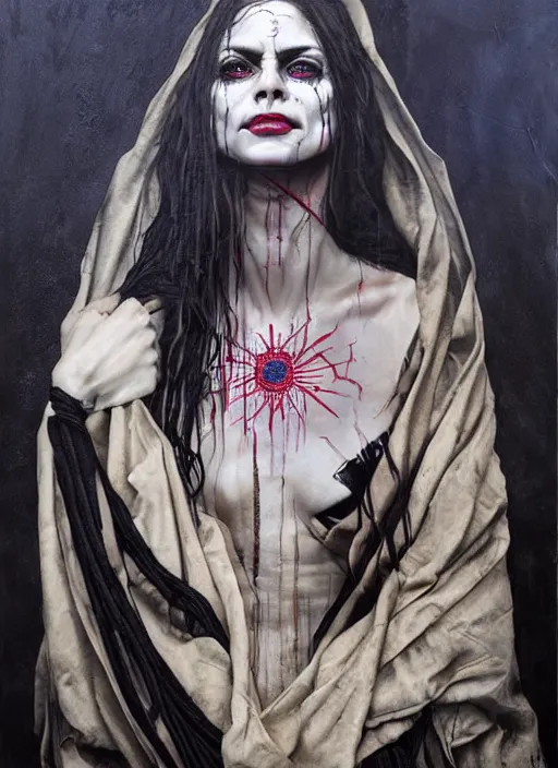 Image similar to cult magic psychic woman smiling, subjective consciousness psychedelic, epic surrealism expressionism symbolism story iconic, dark robed witch, oil painting, robe, symmetrical face, greek dark myth, by Sandra Chevrier, Nicola Samori, Jeff Legg masterpiece