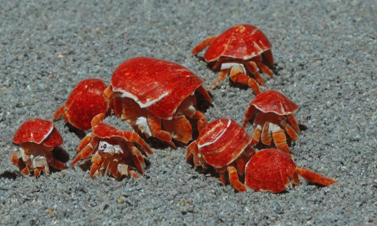 Prompt: two red cute hermit crabs on beach, cartoon by cottagecore