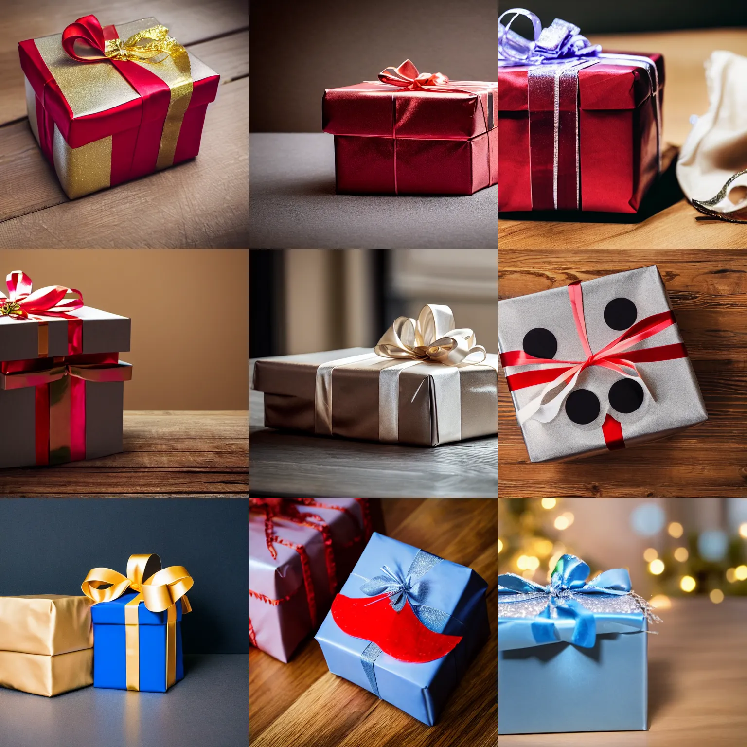 Prompt: a beautiful wrapped gift box, the gift box has a mouth with sharp teeth is on its side, the box is lying on a table in the living room, professional photography, award - winning, realistic, 4 k, imax