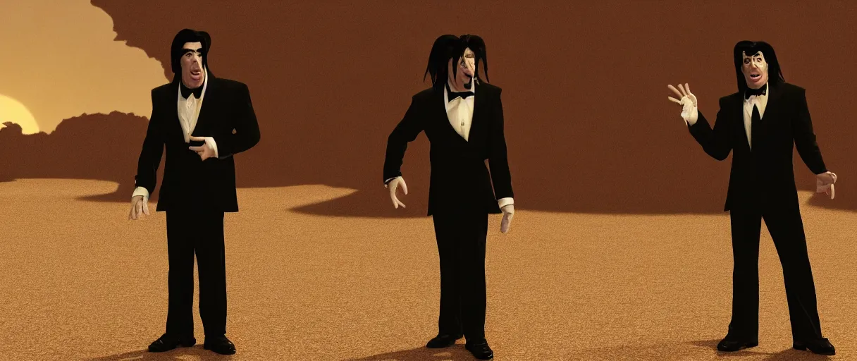 Prompt: john travolta as vincent vega suprised gesture nobody there ghost town tumbleweed bushes on ground shrugging hand at waist level. standing in black suit high noon golden ratio, 4 k, detailed, art gorillaz style by jamie hewlett and greg rutkowsky, trending on artstation, cinematic lighting, filmic grain, golden hour, detailed, 4 k