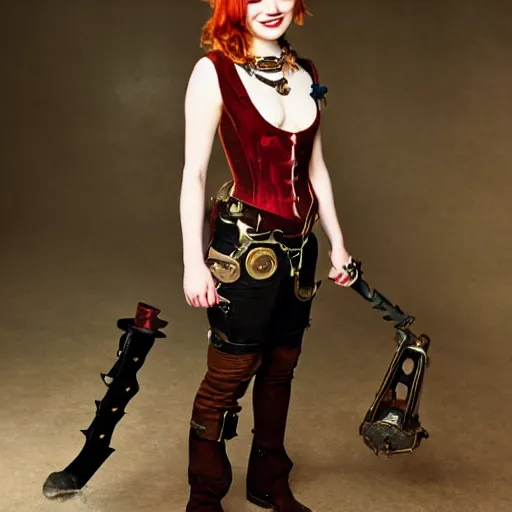 Prompt: full body photo of emma stone as a steampunk vampire warrior