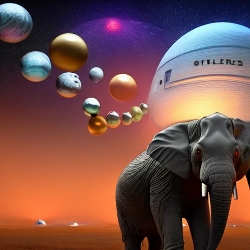 Image similar to a hyperrealistic 3D octane render of an elephant wearing oculus rift VR goggles, playing a keyboard inside of a dome planetarium with planets and galaxies, 8k, unreal engine, dramatic lighting, volumetric lighting, uplighting, ray tracing, photorealistic,