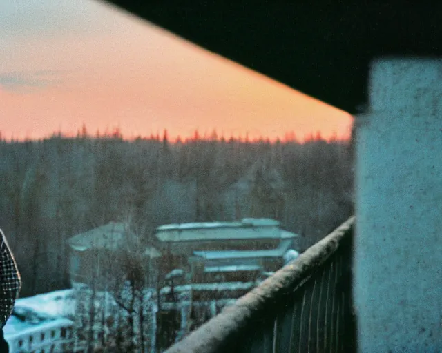 Image similar to lomographic tarkovsky film still of 4 0 years russian man with beard and sweater standing on small hrushevka 9 th floor balcony in taiga looking at sunset, perfect faces, cinestill, bokeh