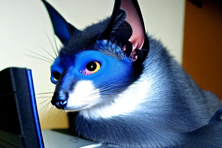 Image similar to a blue - and - black male catbat fursona with blue / green heterochromatic eyes and huge bat ears, photo of the catbat on his computer