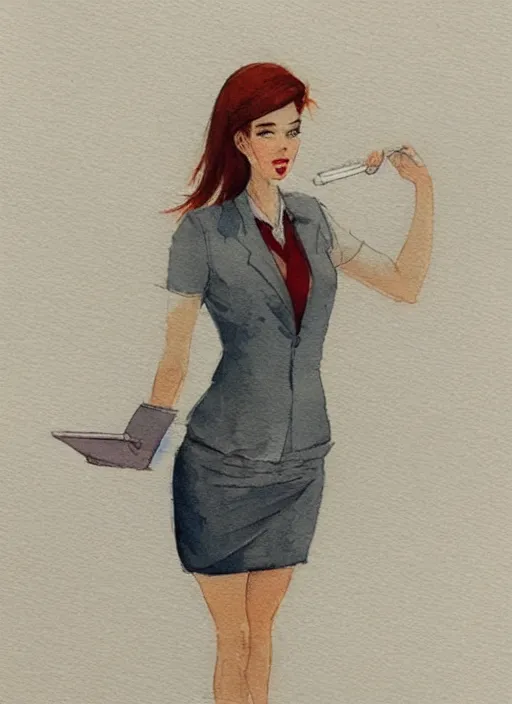 Image similar to concept art of a modern office life, young business woman, pencil miniskirt, pinterest, artstation trending, behance, watercolor, by coby whitmore, silver, laser light,