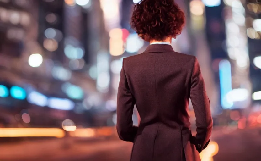 Image similar to a wide shot of a woman with a wool suit, short hair, blurred face, wearing an omega speedmaster on her wrist in front of a crowded dystopian city at night with cyberpunk lights