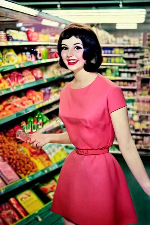 Prompt: kodachrome sharply focused photograph, waist - up photo 1 9 6 0 s brunette woman points up with a smile in a supermarket, exquisite features, feminine cut, floral summer frock, nick knight studio lighting,