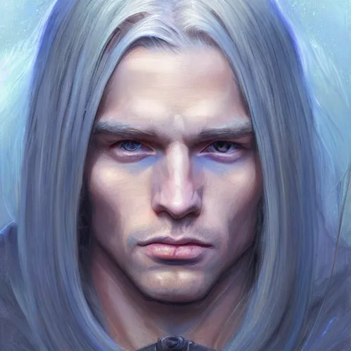 Image similar to 2 7 year old male with blue eyes and long straight blonde hair no beard with feminine features as a fantasy d & d character, closeup portrait art by donato giancola and greg rutkowski, face, digital art, trending on artstation, symmetry!!