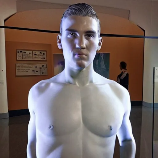 Image similar to “a realistic detailed photo of a guy who is an attractive humanoid who is half robot and half humanoid, who is a male android, baseball player Mike Trout, shiny skin, posing like a statue, blank stare, mouth agape, at a museum, on display”