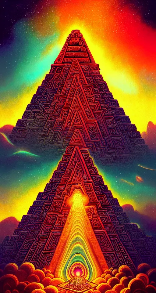 Image similar to An extremely psychedelic abstract illustration of mayan pyramid beaming celestial light, colorful, surreal, dramatic lighting, magic mushrooms, psilocybin, LSD, detailed, intricate, elegant, highly detailed, digital painting, artstation, concept art, smooth, sharp focus, illustration, art by Krenz Cushart and Artem Demura and alphonse mucha