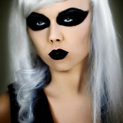 Image similar to modeling photograph pinup bikini kerli koiv, blonde, beautiful, dark, mysterious, bubble goth, detailed symmetrical face, half body shot, fog dramatic, teen