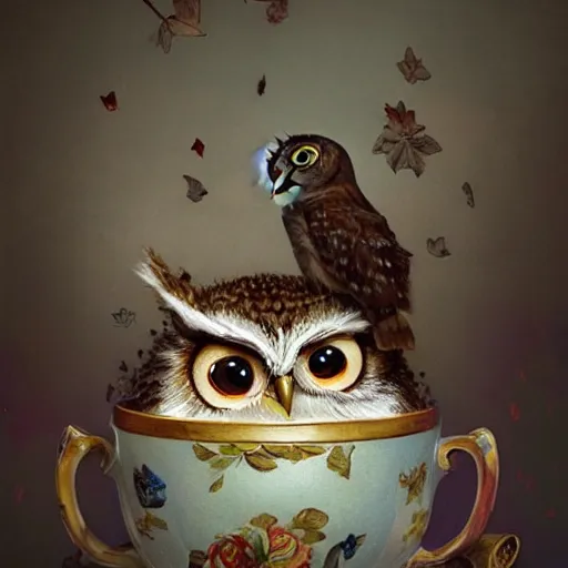 Image similar to long shot of a very cute young owl sitting in a tea cup, by esao andrews, by james jean, marc simonetti, humorous illustration, hyperrealistic, big depth of field, fresh colors, dim light, 3 d octane render conceptart, 4 k, hyperdetailed, trending on artstation