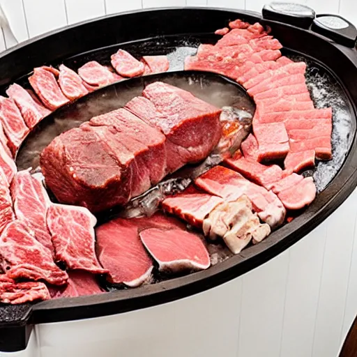 Image similar to a bathtub full of meat surrounded by a hungry family