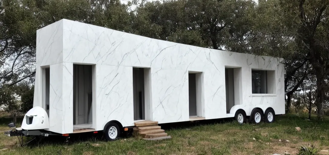 Image similar to greek tiny house on trailer that looks like the parthenon made of marble designed by iktinos and callicrates.