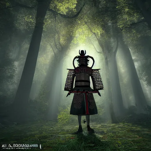 Image similar to a mirrored portrait of a legendary samurai in a mystical overgrown haunted ancient crypt with a gateway to hell in a beautiful forest rays of light 4k digital art unreal engine trending on artstation