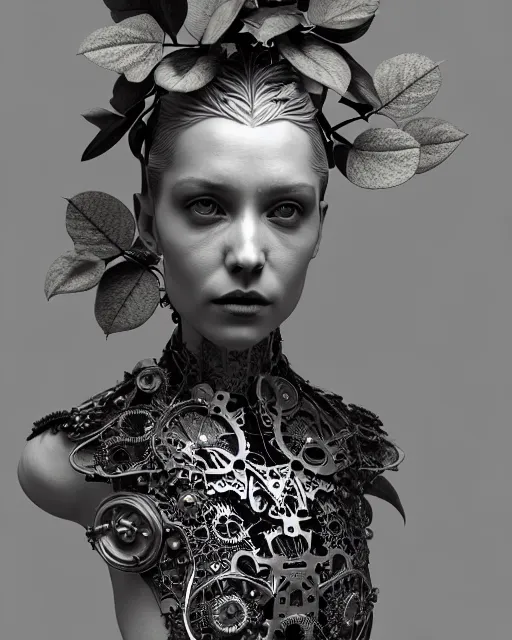 Image similar to monochrome 3 d model, 1 8 7 0 picture, silver mesh floral steampunk biomechanical beautiful young female cyborg with porcelain profile face and a techno eye, volumetric light, leaves foliage and stems, hibiscus flowers, sinuous fine roots, fine foliage lace, alexander mcqueen, rim light, big gothic fashion pearl embroidered collar, octane render, 8 k