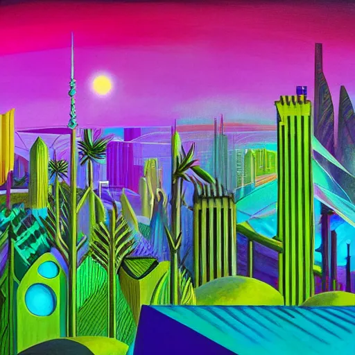 Image similar to photo of a solar punk lush giant plants city, modern architecture, city color scheme, geometry will draw the soul toward the truth and create the spirit of philosophy, galactic nebula, surrealist oil painting