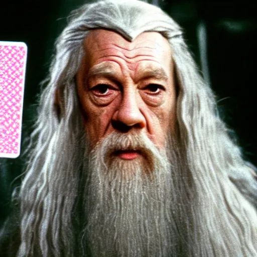 Image similar to portrait of gandalf with a pink bowtie on his head, holding a blank playing card up to the camera, movie still from the lord of the rings