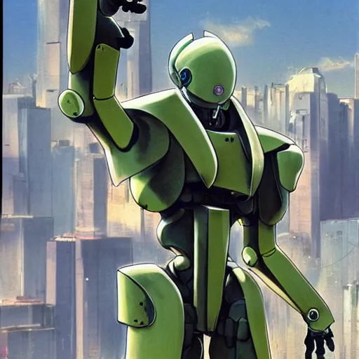 Prompt: late 2 0 0 0 s anime screenshot of a sleek, slender, human - scale mecha suit defending the city streets, designed by hideaki anno, drawn by tsutomu nihei, and painted by zdzislaw beksinski