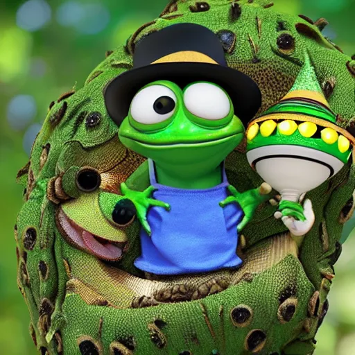 Image similar to baby pepe the frog wearing a tiny sombrero, holding maracas, large eyes, sitting on a log, pixar, disney, dynamic lighting, bokeh