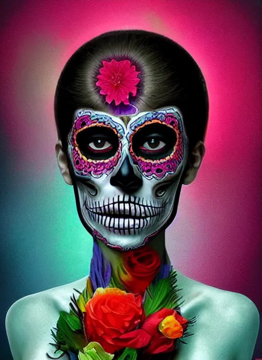 Image similar to dia de los muertos theme surrealist art in the styles of igor morski, jim warren, and aida muluneh, intricate, hyperrealistic, accurate facial details, profile picture with chromakey!!!!! background, volumetric lighting