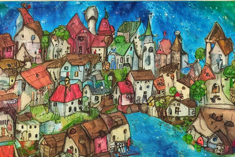 Image similar to a small fantasy town, mixed media on canvas, 2 d, whimsical,