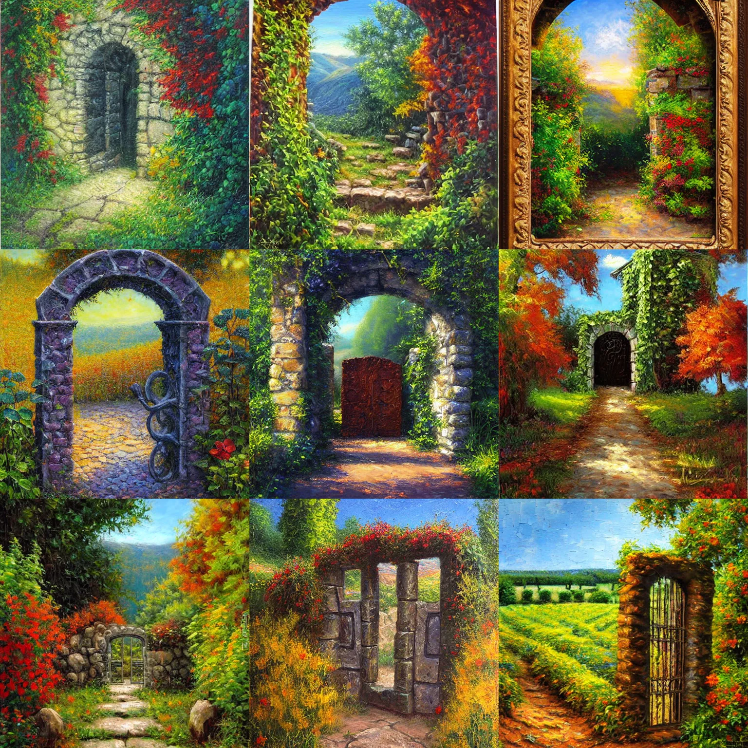 Prompt: colorful Mark Keathley impasto!! acrylic painting of the slate stone gateway of a forgotten civilization. vines and creepers, stone etchings