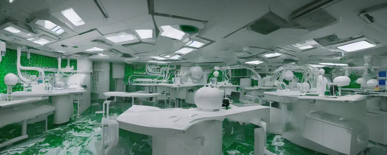 Prompt: Film still of a brightly lit white science lab on a space ship, white plastic, neutral lighting, water dripping, puddles, wet floor, green vines, tropical, Cinestill colour cinematography, anamorphic