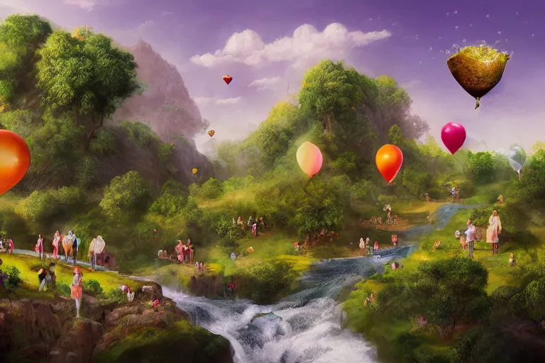 Prompt: illustration of the garden of Eden, river of wine, waterfall of milk, stream of honey, trees full of new fruits, beautiful home in the side, people flying using balloons, beautiful, digital art, matte painting, trending on artstation