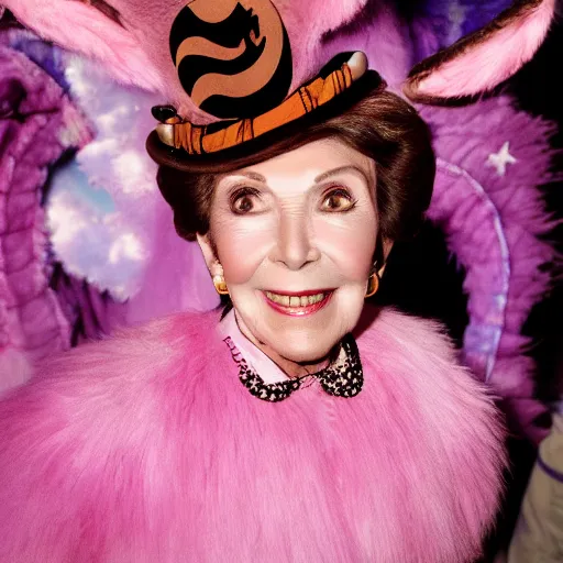 Image similar to photograph of nancy reagan dressed as the cheshire cat, twilight, 1 2 mm zeiss,