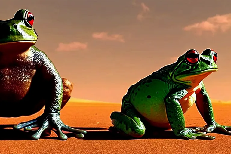 Image similar to a giant frog sitting with boxer mike tyson in the desert, mike tyson with a toad, mike tyson movie directed by martin scorsese and christopher nolan, masterpiece, 8 h