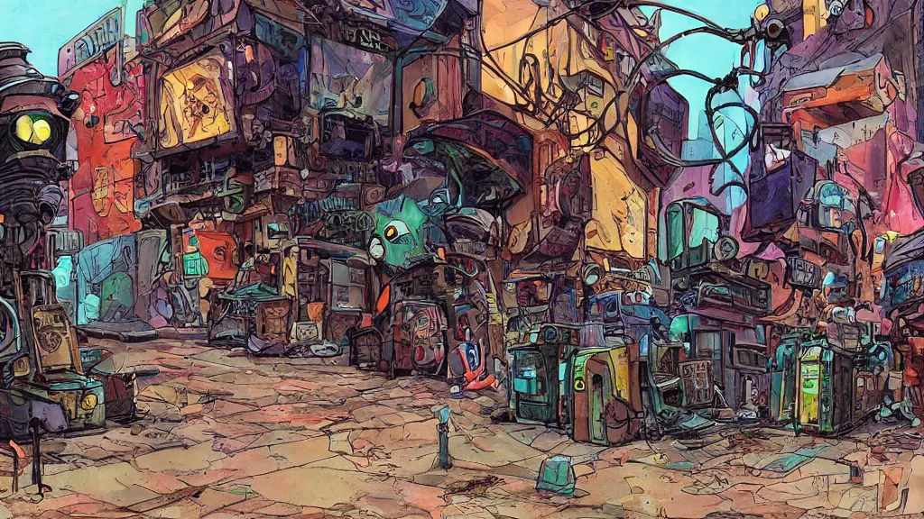 Prompt: the alley behind the seediest dive bar in the universe, futuristic dumpster and burned out robot scraps by Ralph Bakshi