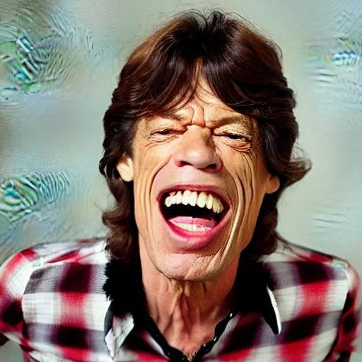 Prompt: mick jagger laughing angrily at the camera