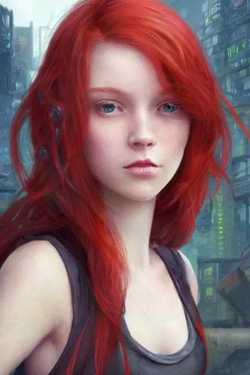 Prompt: beautiful cute red haired eighteen year old young girl standing up, casual green clothing, long hair, cyberpunk city, cute face, slightly smiling, rpg character, sci - fi, intricate, elegant, digital painting, artstation, concept art, smooth, 8 k frostbite 3 engine, ultra detailed, art by artgerm and greg rutkowski and magali villeneuve