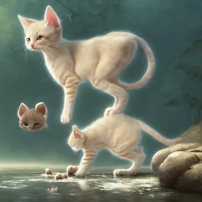 Prompt: a painting of a cute light beige kitten at a river. dark brown ears and face and legs and tail. white paws. character design by cory loftis, fenghua zhong, ryohei hase, ismail inceoglu and ruan jia. volumetric light, detailed, rendered in octane