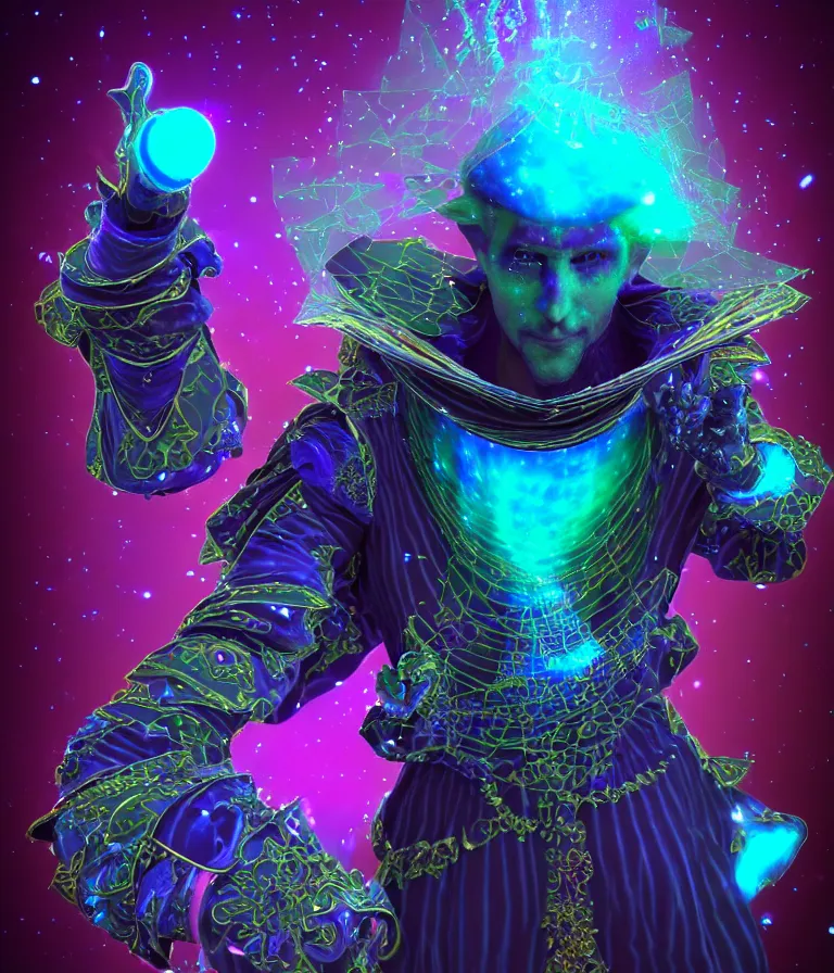 Image similar to front!!! shot of a court jester!!! character, mesmerizing ((fractal)) hypercubes, dark holography!!!, future, metallic ((nebula)), crystalline edges, polygonal, elegant, highly detailed, centered, (((artstation, concept art, jagged, sharp focus, artgerm, Tomasz Alen Kopera, Peter Mohrbacher, donato giancola, Joseph Christian Leyendecker, WLOP, Boris Vallejo))), ((raytracing)), mugshot!!!!!, ugly!!!!!!, octane render, nvidia raytracing demo, octane render, nvidia raytracing demo, octane render, nvidia raytracing demo, 8K