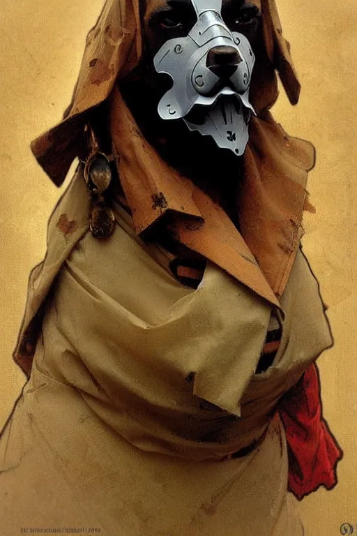 Image similar to Dog wearing mask by greg rutkowski and alphonse mucha