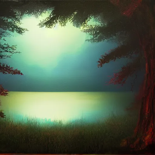 Prompt: lake, forest, night, fog, trees, glowing fireflies, moonshine, volumetric lighting, canvas, oil paint