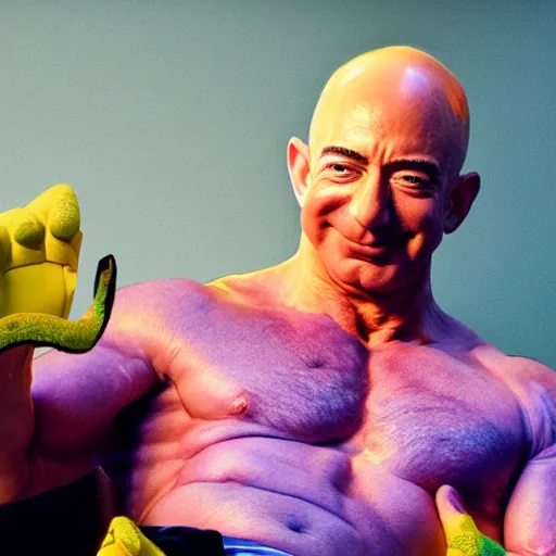 Image similar to portrait photo of swole jeff bezos cosplaying as lou ferrigno's incredible hulk while wearing yellow oven mitts and reclining in a lounge chair