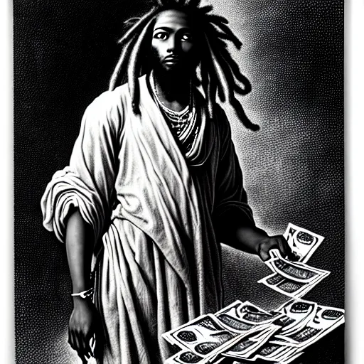 Image similar to young black man with freeform dreadlocks holding stacks of cash, biblical image, style of gustave dore, highly detailed, beautiful, high contrast, black and white