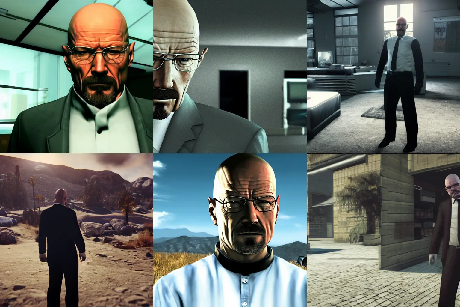 Prompt: Screenshot of Walter White as Agent 47 in the Hitman video game