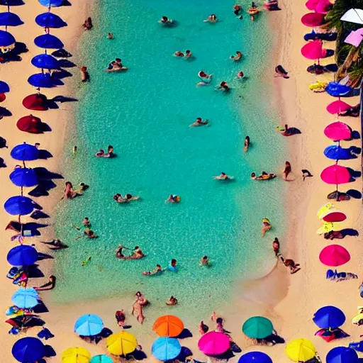 Image similar to photograph beachscapes from an almost perpendicular angle, Aerial view of sandy beach with umbrellas and sea, Aerial of a crowded sandy beach with colourful umbrellas, sun bathers and swimmers during summer, by Tommy Clarke