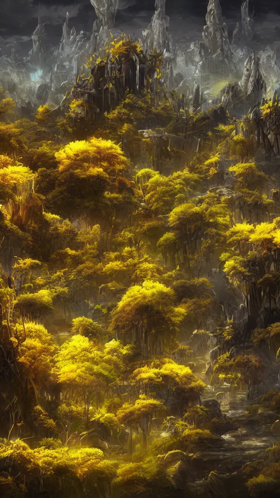 Image similar to a 3D render of a fantasy scenery artwork, yellow-tinted with a hint of purple, thriving ecosystem, wide-angle, high contrast, highly detailed, sharp focus, digital painting, 3D art, illustration, trending on artstation,