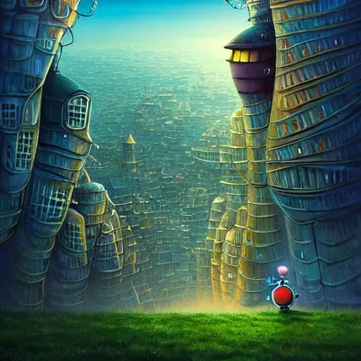 Image similar to gediminas pranckevicius an adventurous boy ( facing the camera ) and his small robot friend, futuristic city backgrond, eleborate composition with foreground and background, depth of field, fantasy illustration by kyoto studio, don bluth!!!, square enix, cinematic lighting