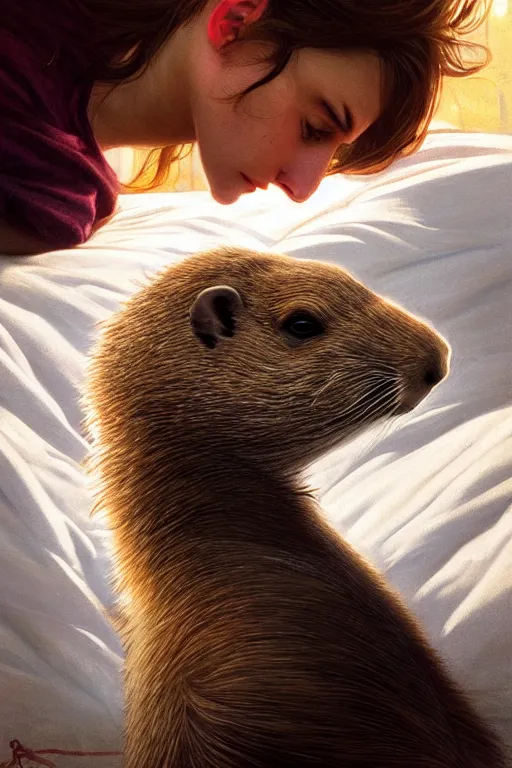 Image similar to drug addicted groundhog lies on the bed, realistic portrait, highly detailed, digital painting, artstation, concept art, smooth, sharp focus, illustration, cinematic lighting, art by artgerm and greg rutkowski and alphonse mucha