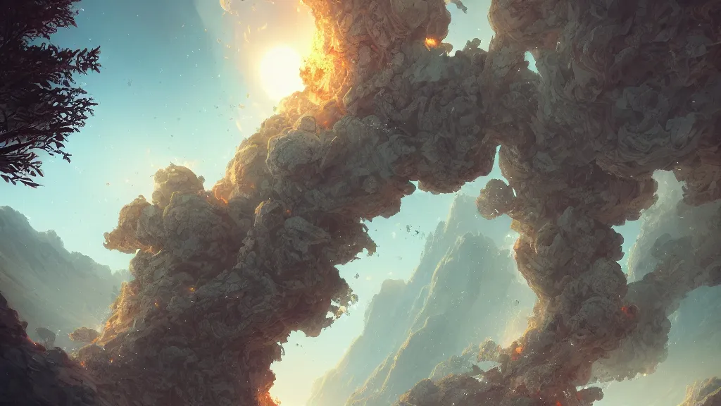 Image similar to exploding volcano, everlasting trees, pillar of ash, by sylvain sarrailh, rossdraws, ambient light, ultra detailed, fantasy artwork, 8 k, volumetric lighting, trending on artstation, award winning, very beautiful.